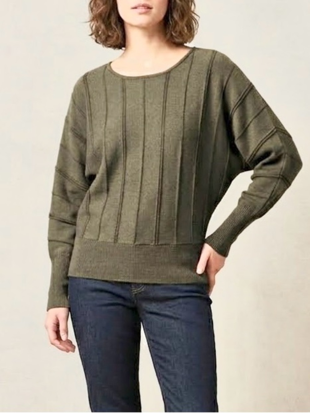 Liverpool Olive Myrtle Heather Ribbed Seam Dolman Sleeve Viscose Knit Sweater M
